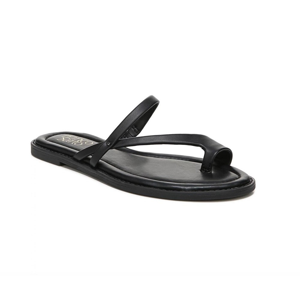 Franco Sarto Womens Black Leather Strappy Toe Loop Flat Sandals Minimalist 11‎